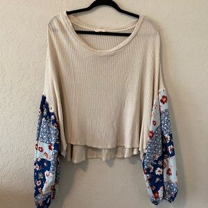 Altar'd State Cream and Blue Oversized Ballon Sleeves Blouse